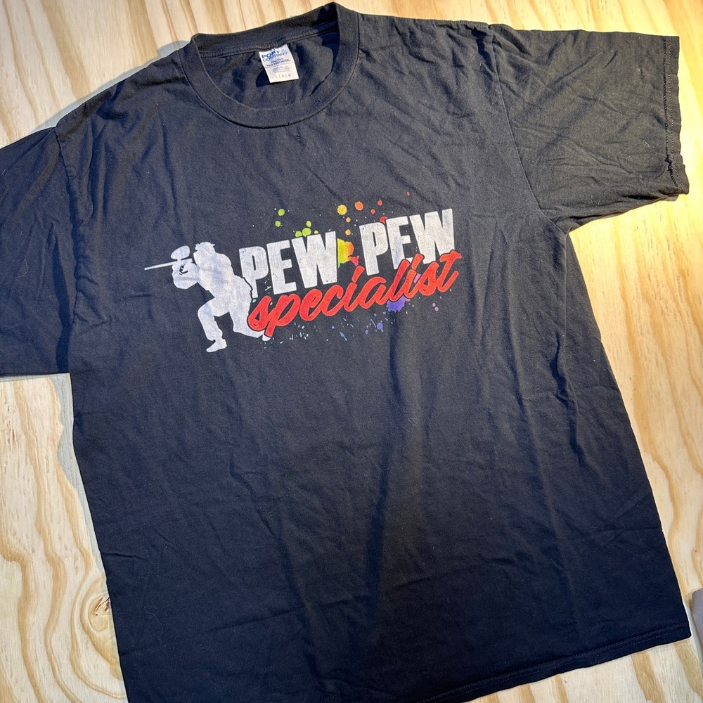 Port & Company Mens Large Black Pew Pew Specialist Paintball Graphic T-Shirt